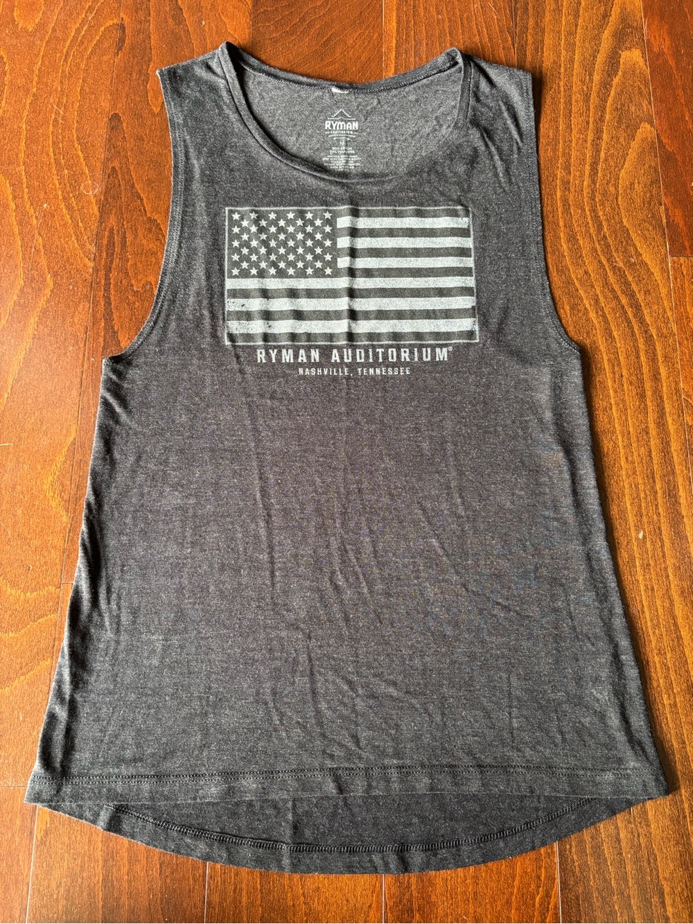 Ryman Auditorium Nashville Dark Gray Tank Top with American Flag Graphic, Size M